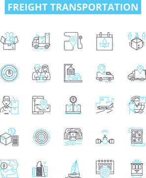Freight transportation vector line icons set. Shipping, Logistics, Cargo, Trucks, Railways, Delivery, Containers illustration outline concept symbols and signs