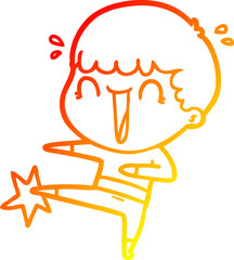 warm gradient line drawing laughing cartoon man karate kicking