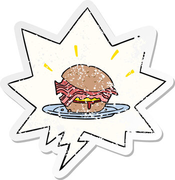 cartoon amazingly tasty bacon breakfast sandwich and cheese and speech bubble distressed sticker