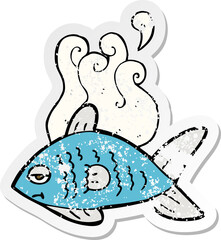 retro distressed sticker of a cartoon funny fish