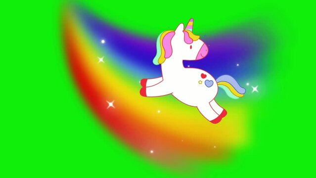 Animated unicorn flying over a rainbow, with a green screen background.