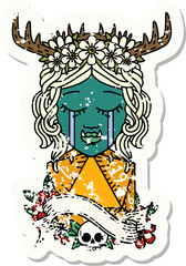 crying orc druid character face with natural one D20 roll illustration