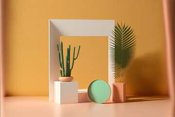 3d podium minimal scene with geometrical product, scene to show cosmetic products, yellow background shadows, generative ai.