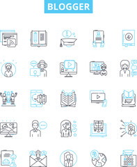 Blogger vector line icons set. Blogger, Blogging, Posting, Sharing, Platform, Creative, Writing illustration outline concept symbols and signs