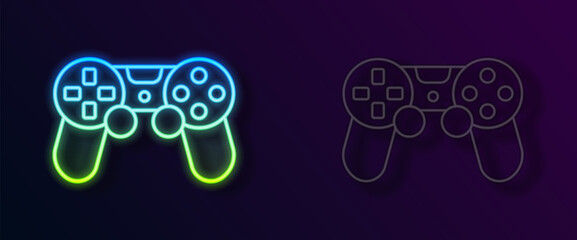 Glowing neon line Game controller or joystick for game console icon isolated on black background. Vector © Iryna