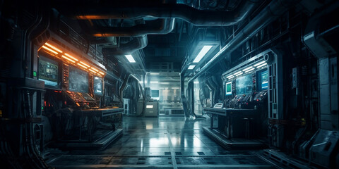 science fiction background illustration showing dark corridor on a deserted spaceship, generative ai