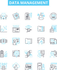 Data management vector line icons set. Data, Management, Storage, Organization, Retrieval, Analysis, Integration illustration outline concept symbols and signs