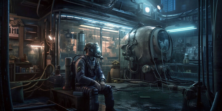science fiction scene shows engineer with gasmask in his chaotic workshop with futuristic machine constructions, generative ai