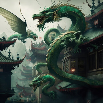 flock of fly green dragons attack chinese city, generative ai.