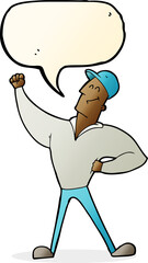 cartoon man striking heroic pose with speech bubble