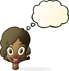 cartoon happy woman with thought bubble