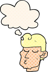 cartoon handsome man and thought bubble in comic book style