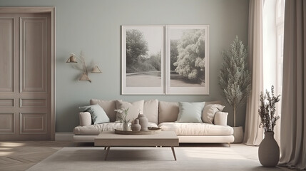 Bohemian Interior Design Style living room in pastel colors mock-up with frame for picture generative ai