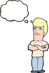 cartoon annoyed man with folded arms with thought bubble
