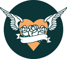 tattoo style icon of a heart with wings flowers and banner