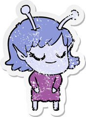 distressed sticker of a smiling alien girl cartoon