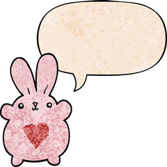 cute cartoon rabbit and love heart and speech bubble in retro texture style