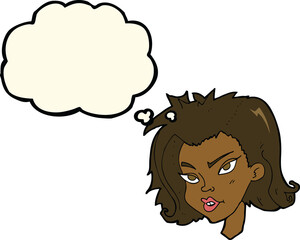 cartoon female face with thought bubble