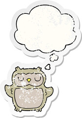 cartoon owl and thought bubble as a distressed worn sticker