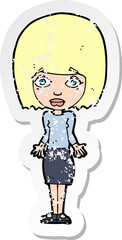 retro distressed sticker of a cartoon woman shrugging shoulders