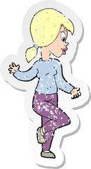 retro distressed sticker of a cartoon woman waving