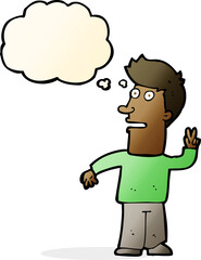 cartoon man making peace sign with thought bubble