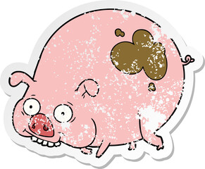 distressed sticker of a cartoon muddy pig