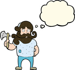 cartoon lumberjack with axe with thought bubble