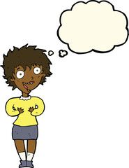 cartoon excited woman with thought bubble