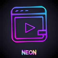 Glowing neon line Video advertising icon isolated on black background. Concept of marketing and promotion process. Responsive ads. Social media advertising. Vector