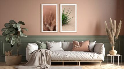 Bohemian Interior Design Style living room in pastel colors mock-up with frame for picture generative ai