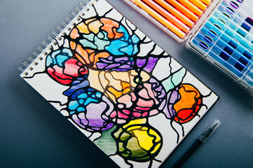 Colorful neurographic drawing on paper with color pencils and markers. Psychological therapy...