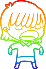 rainbow gradient line drawing cartoon woman talking loudly