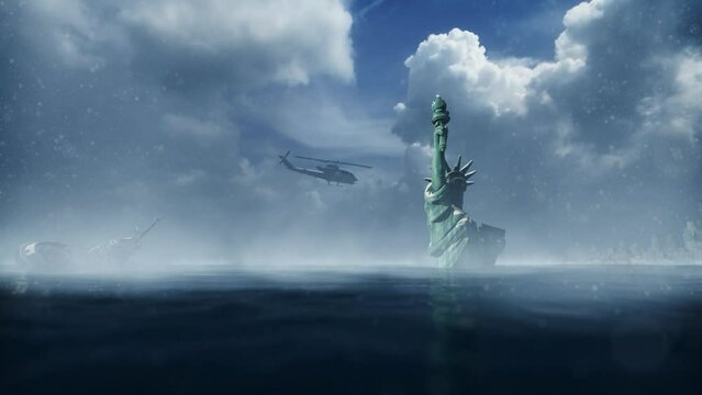 3D animation of helicopter flying over Liberty Statue and New York flood
