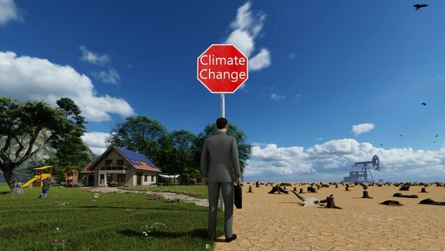 3D animation of a businessman undecided to go green due to climate change
