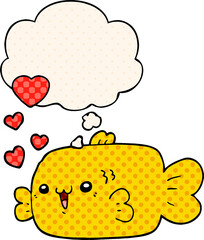 cute cartoon fish with love hearts and thought bubble in comic book style