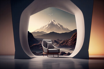 Arm chair in small room with window and landscape with mountain. generative ai