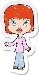retro distressed sticker of a cartoon woman with open arms
