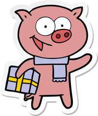 sticker of a cheerful pig with christmas gift