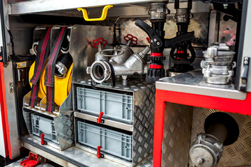Compartment of rolled up fire hoses on a fire engine. Rescue fire truck equipment. A silver fire hydrant with red valves and other fire equipment lies in a fire engine.