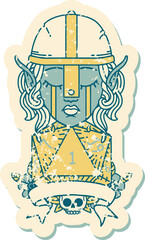 crying elf fighter character face with natural one D20 roll illustration