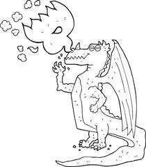 black and white cartoon happy dragon breathing fire