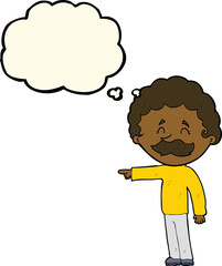 cartoon man with mustache pointing with thought bubble