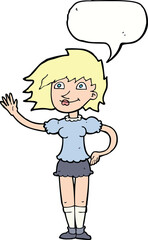 cartoon woman waving with speech bubble