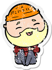 distressed sticker of a cartoon happy bearded man