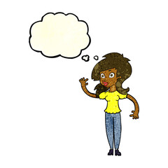 cartoon pretty woman waving with thought bubble