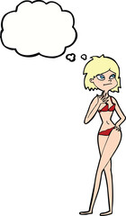 cartoon woman in bikini with thought bubble