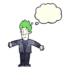 cartoon happy vampire with thought bubble