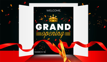 Vector grand opening design with red ribbon.