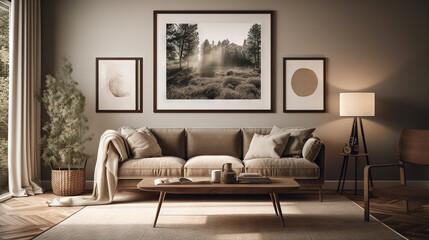 Bohemian Interior Design Style living room in pastel colors mock-up with frame for picture generative ai